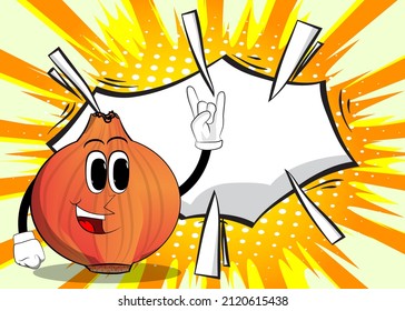 Onion with hands in rocker pose. Cartoon Farm Vegetable character. Funny Plant illustration.