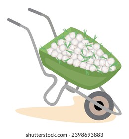 The onion harvest has been harvested. Gardening tools, wheelbarrow. A necessary thing in the household. For transportation of goods. Vector illustration.