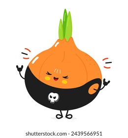 Carácter de metal pesado cebolla. Icono de ilustración de personaje kawaii dibujado a mano vectorial. Aislado sobre fondo blanco. Concepto de carácter de cebolla