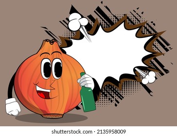 Onion holding a bottle. Cartoon Farm Vegetable character. Funny Plant illustration.