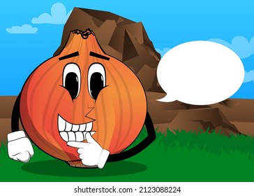 Onion holding finger front of his mouth. Cartoon Farm Vegetable character. Funny Plant illustration.