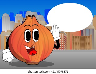 Onion holds hand at his ear, listening. Cartoon Farm Vegetable character. Funny Plant illustration.