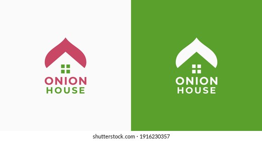 Onion house logo design. Simple onion house building logo for property business or real estate company. Simple and modern house logo template. Green and purple roof or building vector illustration