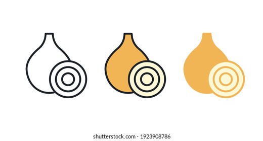 Zwiebelsymbol. Lineares Farbsymbol, Kontur, Form, Umriss einzeln auf Weiß. dünn. Modernes Design. Vektorset. Illustrationen von Gemüse.