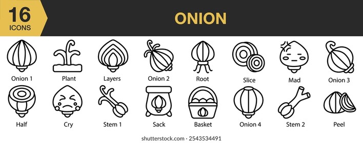 Onion icon set. Includes basket, cry, half, layers, mad, onion, peel, and More. Outline icons vector collection.
