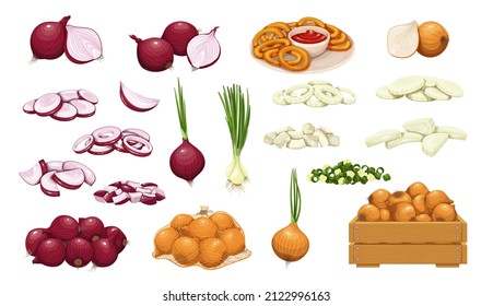 Onion icon set. Pile of onion bulbs, packed in net bag, in wooden crate, bunch of fresh green onions and rings. Vector illustration of harvest vegetables, farm product