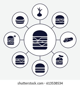 Onion icons set. set of 9 onion filled icons such as onion, wrap sandwich, burger, double burger with flag