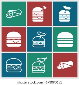 Onion icons set. set of 9 onion filled and outline icons such as wrap sandwich, double burger with flag, burger with sausage