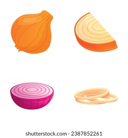 Onion icons set cartoon vector. Whole and cut onion. Organic farm vegetable
