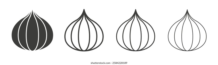 Onion icons set. Liner outlined and flat black color