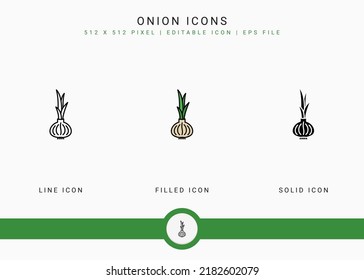 Onion icons set vector illustration with solid icon line style. Vegetable healthy concept. Editable stroke icon on isolated background for web design, user interface, and mobile application