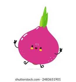Cebolla saltando personaje. Vector dibujado a mano de dibujos animados kawaii personaje ilustración icono. Aislado sobre fondo blanco. Concepto de carácter de cebolla