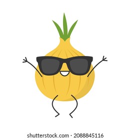 Onion jumping cute character cartoon emotions joy happy smiling face icon beautiful vector illustration.