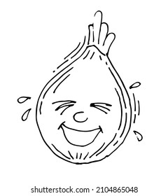 Onion laughs to tears. Funny Face. Cheerful drawing of fruit. Hand drawing outline. Sketch Isolated on white background. Vector.