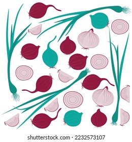 Fondo del patrón de impresión de cebolla y puerros en diseño plano para el diseño de plantillas de papel tapiz de cocina