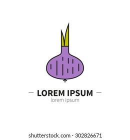 Onion logo design template. Modern linear branding element for healthy lifestyle company or food manufacturer. Vegetarian concept. Fruit and vegetable farmers market label. Unique symbol.