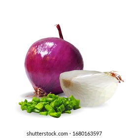 Onion low poly. Fresh, nutritious, tasty onion. Red and green onion. Vector illustration. Vegetables ingredients in triangulation technique. 
