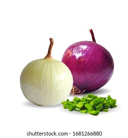 Onion low poly. Fresh, nutritious, tasty onion. Red and green onion. Vector illustration. Vegetables ingredients in triangulation technique. 