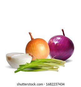 Onion low poly. Fresh, nutritious, tasty onion. Red and green onion. Vector illustration. Vegetables ingredients in triangulation technique. 