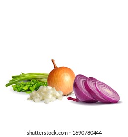 Onion low poly. Fresh, nutritious, tasty onion. Red and green onion. Vector illustration. Vegetables ingredients in triangulation technique. 
