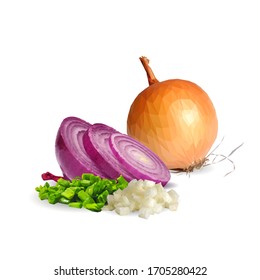 Onion low poly. Fresh, nutritious, tasty onion. Red and green onion. Vector illustration. Vegetables ingredients in triangulation technique. 