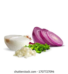 Poli bajo de cebolla. Cebolla fresca, nutritiva y sabrosa. cebolla roja y verde. Ilustración vectorial. Ingredientes vegetales en la técnica de triangulación. 