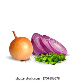 Onion low poly. Fresh, nutritious, tasty onion. Red and green onion. Vector illustration. Vegetables ingredients in triangulation technique. 
