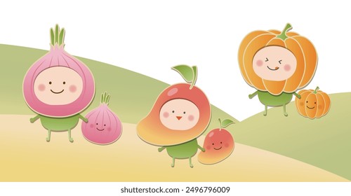 Zwiebel Mango Kürbis Charakter Frucht Spaß Design süß Cartoon Illustration