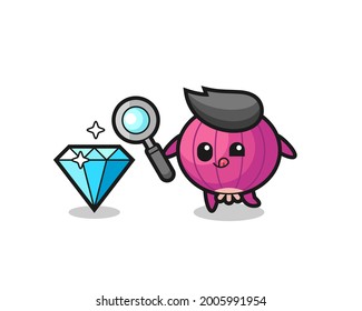 mascota de cebolla está revisando la autenticidad de un diamante , diseño de estilo lindo para camiseta, pegatina, elemento logo