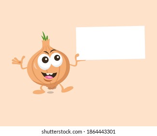 Onion mascot offers something interesting with label in his hand isolated on light background. Flat design style for your mascot branding.