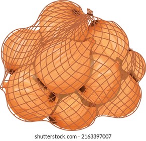 Onion. Onion in a mesh bag. Onion heads in the bag. Organic farm vegetables. Vector illustration isolated on a white background