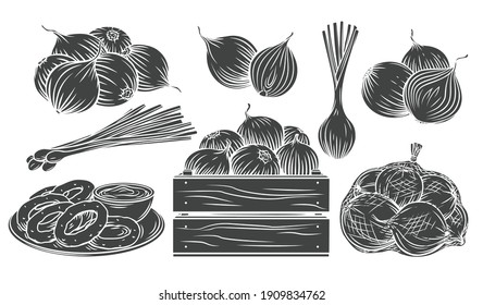 Onion monochrome glyph icon set. Isolated pile of onion bulbs, packed in net bag, in wooden crate, bunch of fresh green onions and rings. Vector illustration of harvest vegetables, farm product.