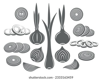 Iconos monocromáticos de cebolla. Lámpara de cebolla escalón agricultura mitad tajadas plumas vectorial aislado ilustración vectorial