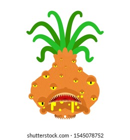Onion monster GMO mutant. Genetically modified Angry Vegetable with teeth. Hungry Alien Food vector illustration

