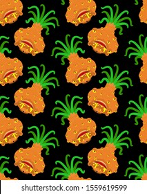Onion monster GMO mutant pattern seamless. Angry Vegetable with teeth background. Hungry Alien Food. vector texture