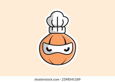 Onion Ninja with Chef Cooking Hat Sticker design vector illustration. Food nature icon concept. Onion ninja cartoon character sticker design. Creative ninja chef hat logo icon.