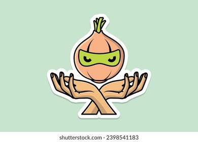 Onion Ninja with Hands Sticker vector illustration. Food nature icon concept. Onion ninja cartoon character sticker design. Creative ninja onion and hands logo design.