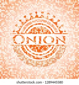 Onion orange tile background illustration. Square geometric mosaic seamless pattern with emblem inside.