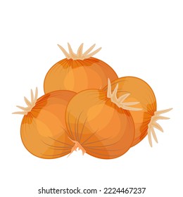 Onion pile. Whole onion bulbs stack. Organic farm fresh root vegetables. Ingredient, seasoning, condiment and spice used in food, salad or dish. Agriculture or garden harvest.Stock vector illustration