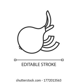 Icono lineal perfecto del píxel de cebolla. Verdura fresca madura con rodajas cortadas. Vegetación entera por vitalidad. Ilustración personalizable de línea delgada. Símbolo de contorno. Dibujo de contorno aislado del vector. Trazo editable