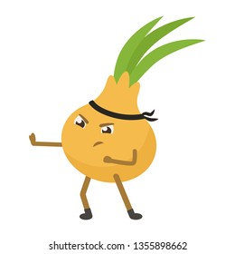 Onion playing sports, martial arts, cute cartoon character. Fitness vegetable. Isolated vector illustration