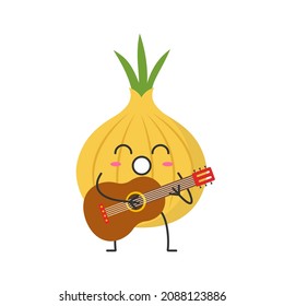 Onion plays the guitar sings cute character cartoon emotions joy happy smiling face icon beautiful vector illustration.