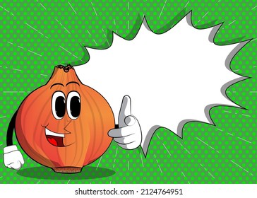 Onion pointing at the viewer with his hand. Cartoon Farm Vegetable character. Funny Plant illustration.