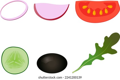 Onion, radish, tomato, cucumber, olive, arugula isolated drawing in flat style on a transparent background