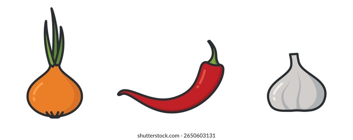 Onion, red hot chili pepper and garlic. Vegetable and harvest symbols. Natural organic foods. Isolated vector images