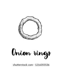 Onion ring sketch. Hand drawn fried snack. Street fast food vector illustration. Isolated on white background.