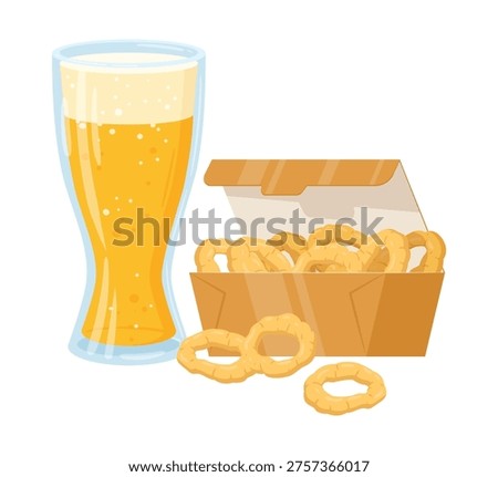 Onion rings and beer. Cartoon fast food set, junk food menu, deep-fried onion rings and lager flat vector illustration. Takeaway fast food meal isolated on white