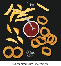 Onion rings and chips from top view.