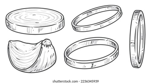Onion rings elements monochrome set isolated chopped bittersweet vegetable to add as spice to lunch or dinner vector illustration