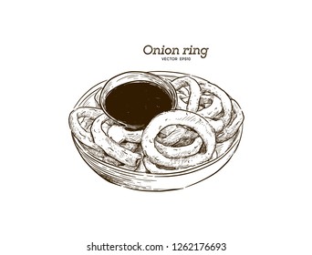 onion rings, graphic hand drawn illustration isolated on white background